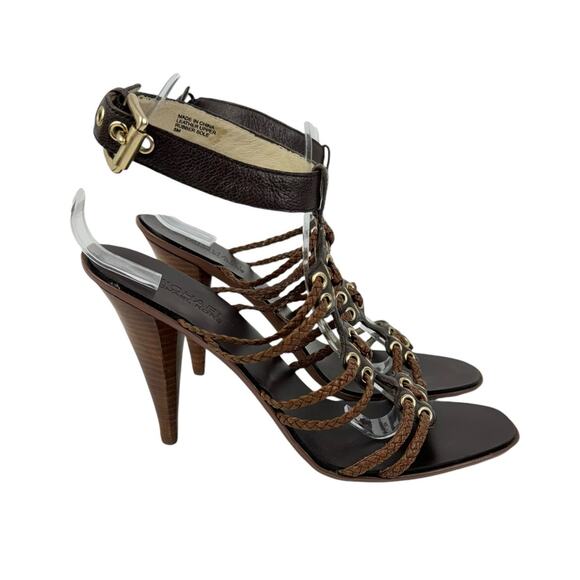 MICHAEL Michael Kors Dark Brown Leather Braided Strap Cone Heel Sandals - Picture 3 of 12